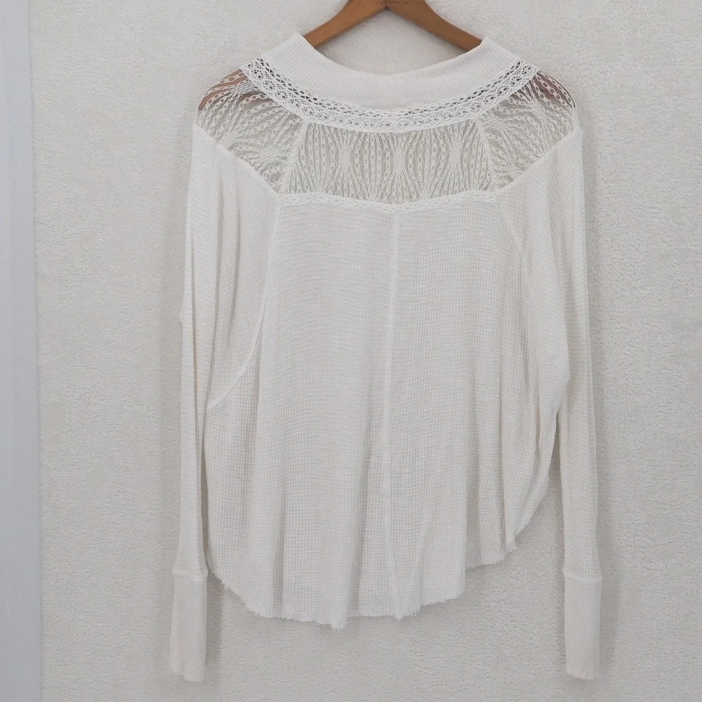 Free People Spring Valley Lace Waffle Thermal Top Womens Size S Ivory Oversized